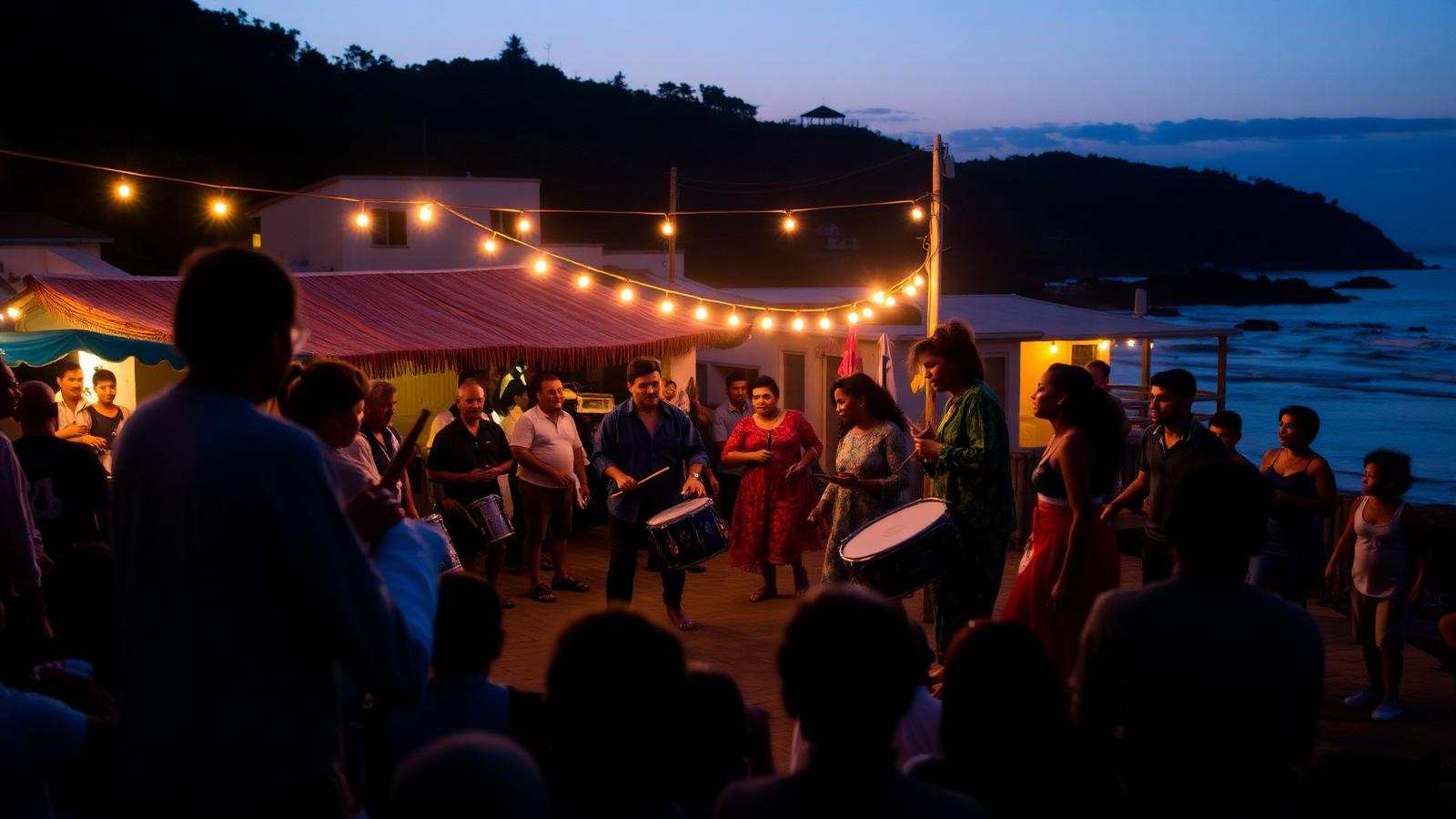 Apresentação cultural comunitária ao ar livre com músicos e público