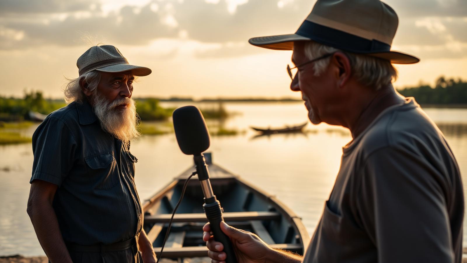 Pescador artesanal sendo entrevistado à beira da lagoa