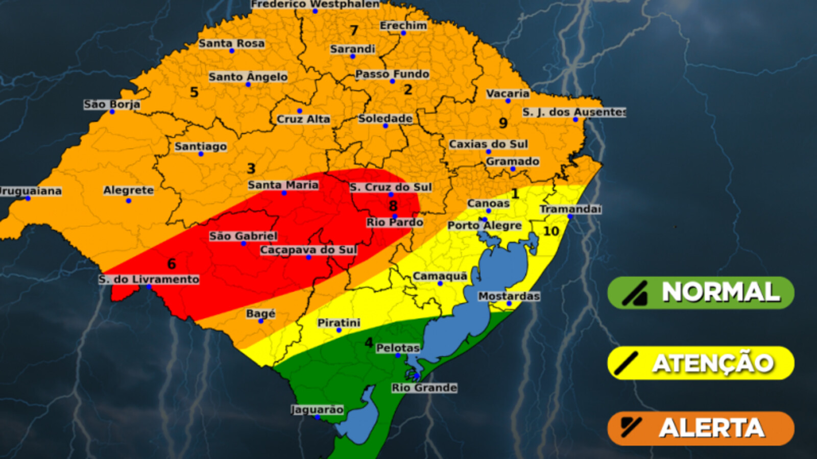 Aviso meteorológico da Defesa Civil do Rio Grande do Sul sobre risco de tempestades