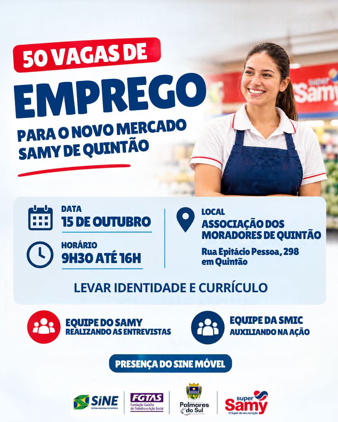 Supermercado Sammy abre vagas na nova unidade de Balneário Quintão.